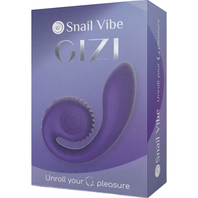 Boite Snail Vibe Gizi violette Unroll your G pleasure de trois quarts, visuel du stimulateur spirale, packaging du double stimulateur clitoris et vaginal rechargeable.