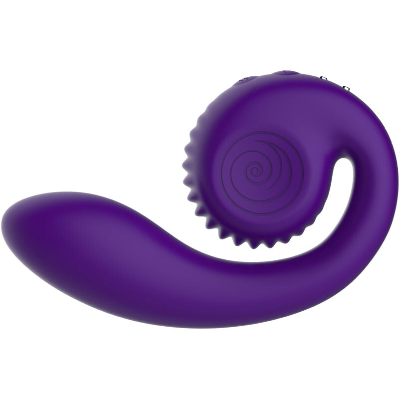 Stimulateur double Snail Vibe Gizi violet de profil, grande spirale crantee et tige souple en silicone medical, double stimulation clitoridienne et vaginale 5 vitesses.