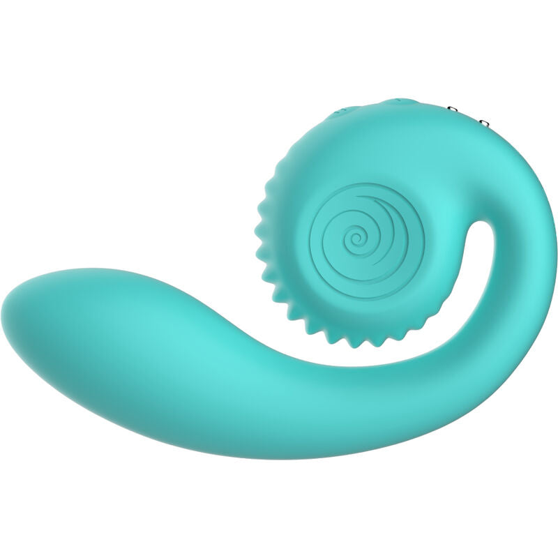 Stimulateur double Snail Vibe Gizi turquoise de profil, grande spirale crantee et tige souple en silicone medical, double stimulation clitoridienne et vaginale rechargeable.
