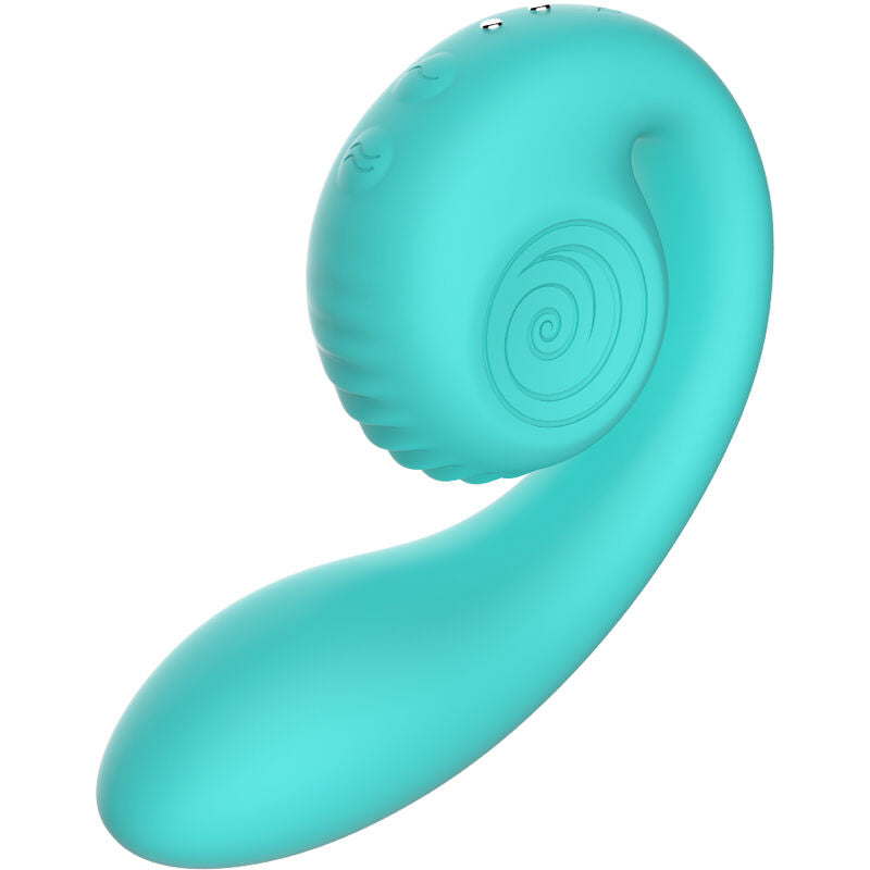 Stimulateur Gizi turquoise de face, tete en spirale enroulee et tige incurvee en silicone medical, deux moteurs independants clitoris et zone vaginale 5 vitesses.