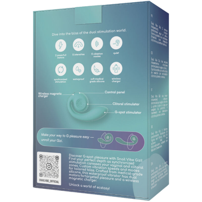 Dos de boite Gizi turquoise avec pictogrammes des fonctions et schema spirale, emballage du double stimulateur clitoridien et vaginal rechargeable a deux moteurs.