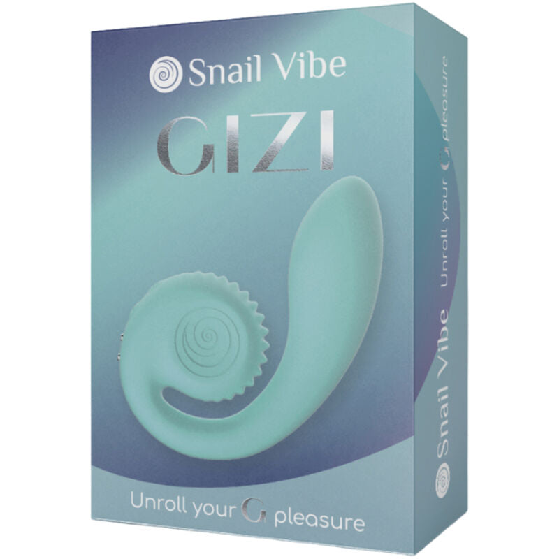 Boite Snail Vibe Gizi turquoise Unroll your G pleasure de trois quarts, visuel du stimulateur spirale, packaging du double stimulateur clitoris et vaginal silicone medical.