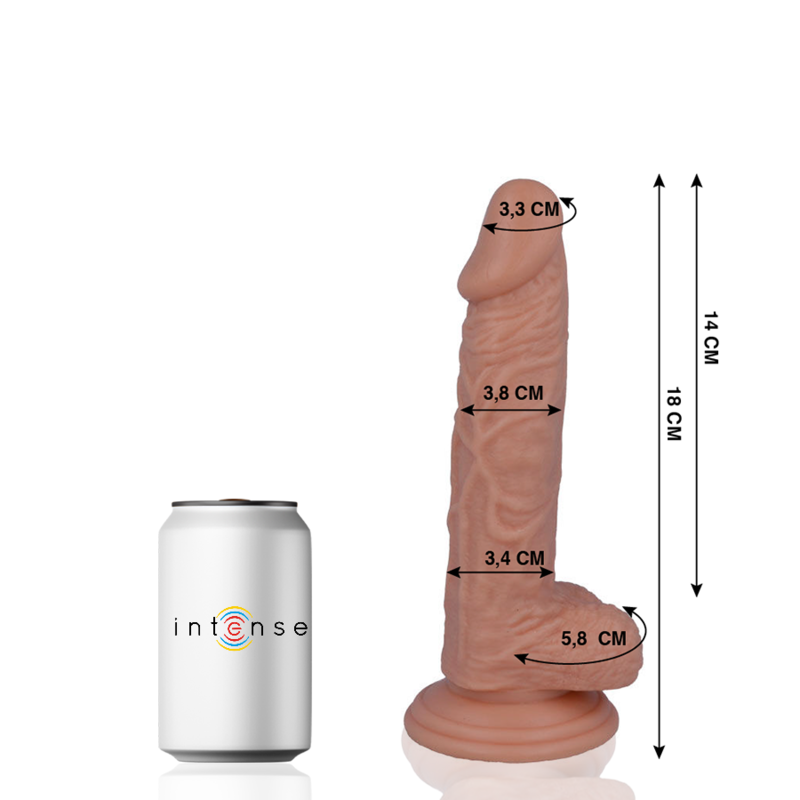 Gode realiste Intense pres d'une canette avec cotes 14 et 18 cm, gland veine et testicules detailles, version intermediaire a ventouse en PVC body-safe.