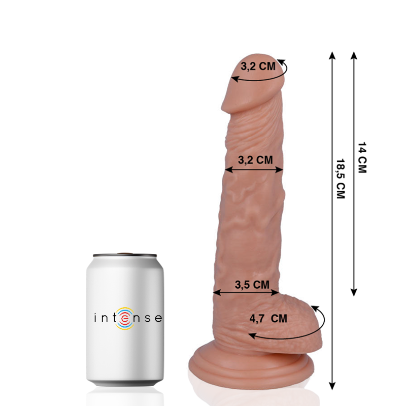 Gode realiste Intense avec cotes 14 et 18,5 cm pres d'une canette, gland veine et petits testicules, version intermediaire a ventouse en PVC body-safe.