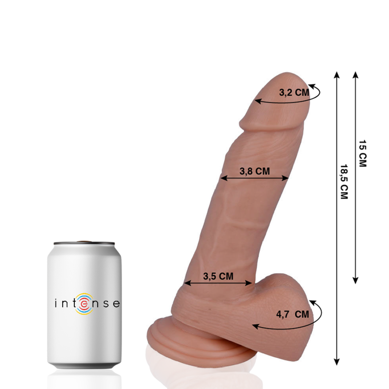 Gode realiste Intense avec schema 15 et 18,5 cm pres d'une canette, gland veine et testicules moules, version intermediaire a ventouse en PVC body-safe.