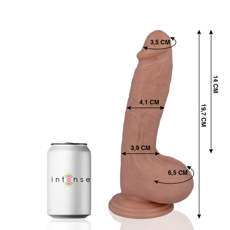 Gode realiste Mr Intense compare a une canette, cotes gland 3,5 cm et longueur 19,7 cm, fut chair veine courbe et testicules moules