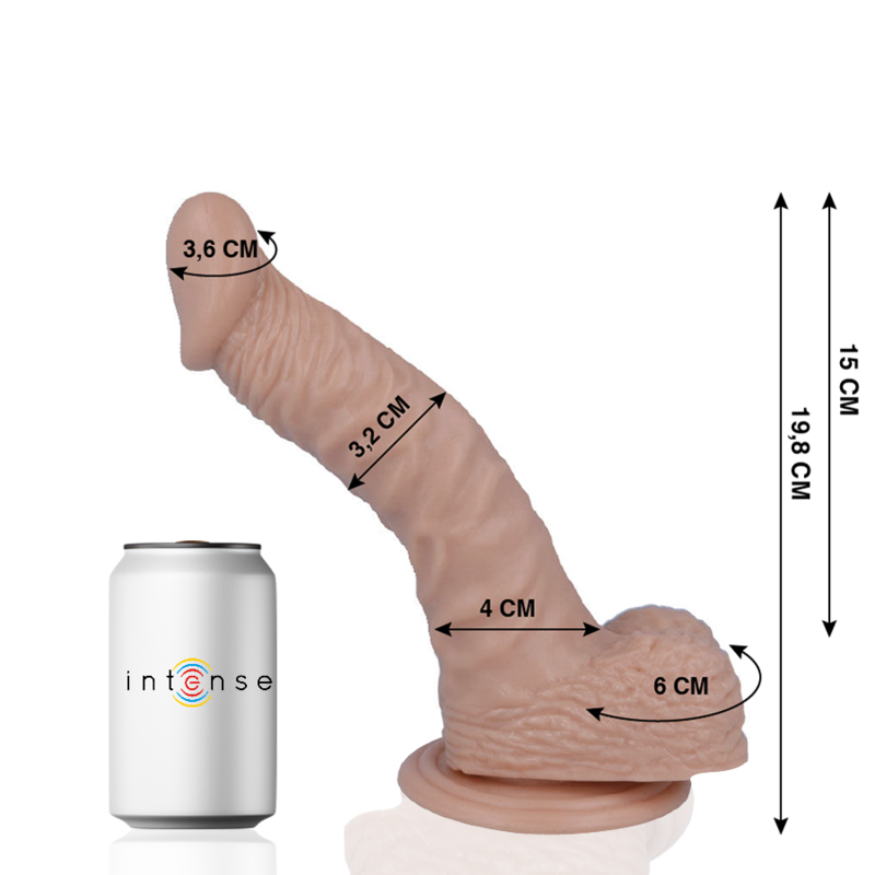 Gode realiste Mr Intense compare a une canette, cotes gland 3,6 cm et longueur 19,8 cm, fut chair veine courbe et testicules moules