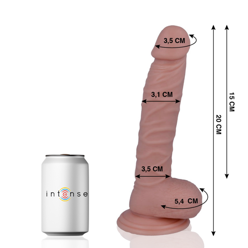 Gode realiste Intense a ventouse avec schema de cotes 15 et 20 cm, diametres indiques pres d'une canette, gland veine et testicules moules en PVC body-safe.