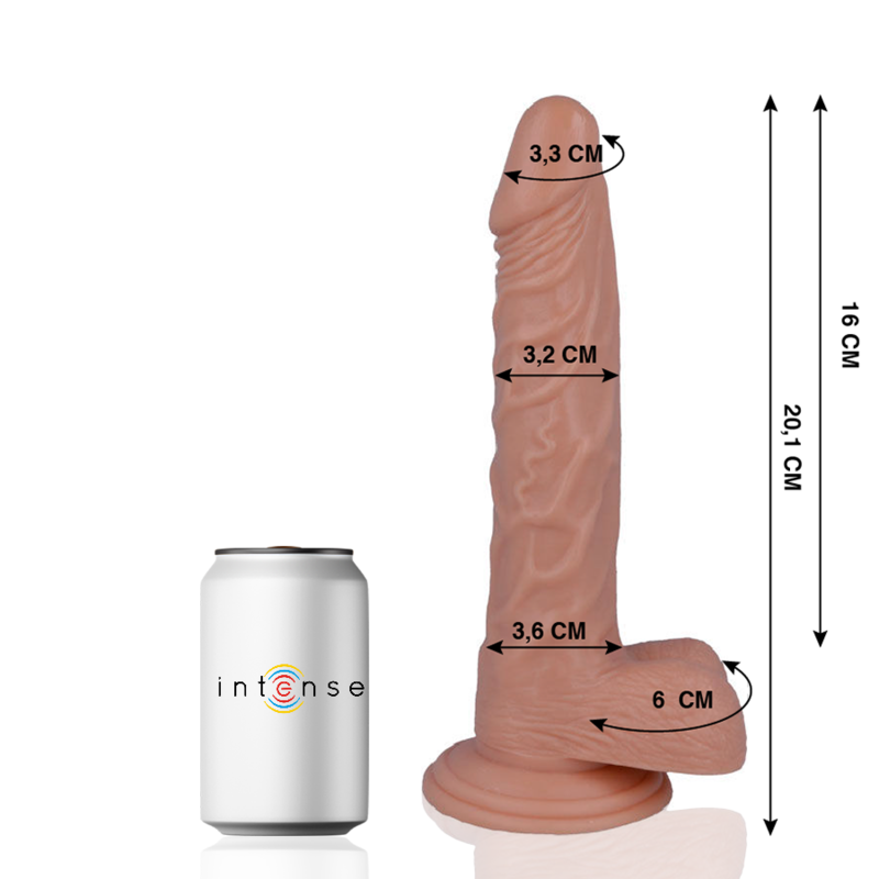 Gode realiste Mr Intense compare a une canette, cotes gland 3,3 cm et longueur 20,1 cm, fut chair veine et testicules moules sur ventouse