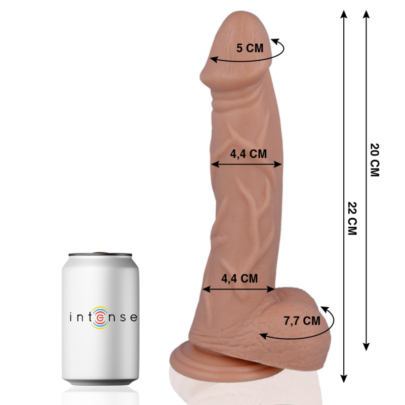 Gode realiste Mr Intense chair compare a une canette, cotes detaillees gland 5 cm et longueur 20 cm, veines marquees et testicules moules