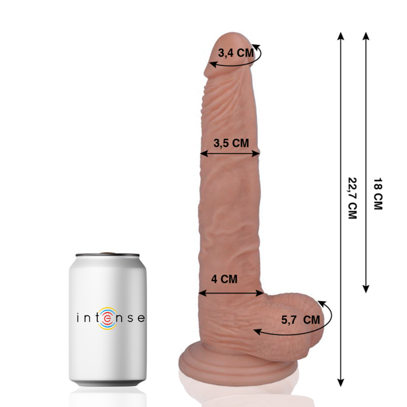 Gode realiste Mr Intense compare a une canette, cotes gland 3,4 cm et longueur 22,7 cm, fut chair veine courbe et testicules moules