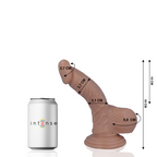 Gode realiste Intense courbe avec schema 10 et 14 cm pres d'une canette, gland veine et gros testicules moules, version initiation a ventouse en PVC body-safe.