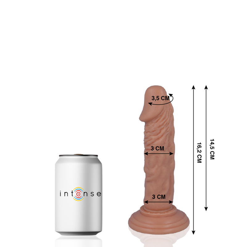 Gode realiste Intense fin avec schema 14,5 et 16,2 cm pres d'une canette, gland veine et tige veinee, version initiation a ventouse en PVC body-safe.