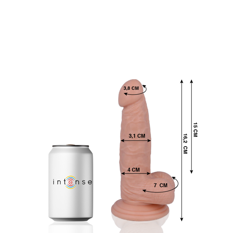 Gode realiste Mr Intense avec cotes detaillees a cote d'une canette, gland 3,8 cm, fut 3,1 cm, testicules 7 cm, hauteur 15 cm, peau chair veinee