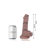 Gode realiste Mr Intense cote a une canette avec cotes, gland 3,5 cm, fut 3,8 cm, testicules 6 cm, hauteur 16,5 cm, peau chair veinee sur ventouse