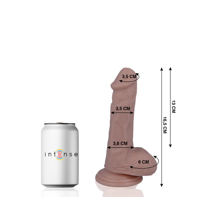 Gode realiste Mr Intense cote a une canette avec cotes, gland 3,5 cm, fut 3,8 cm, testicules 6 cm, hauteur 16,5 cm, peau chair veinee sur ventouse
