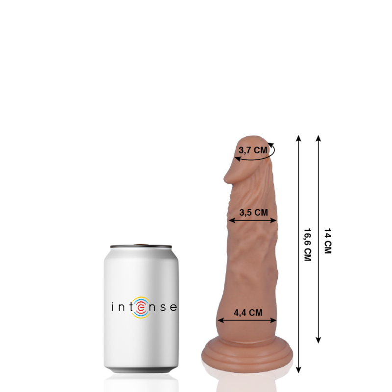 Gode realiste Intense avec schema 14 et 16,6 cm pres d'une canette, gland veine et testicules detailles, version standard a ventouse en PVC body-safe.