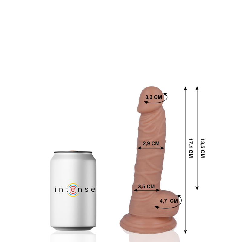 Gode realiste Intense avec schema 13,5 et 17,1 cm pres d'une canette, gland veine et testicules moules, version standard a ventouse en PVC body-safe.