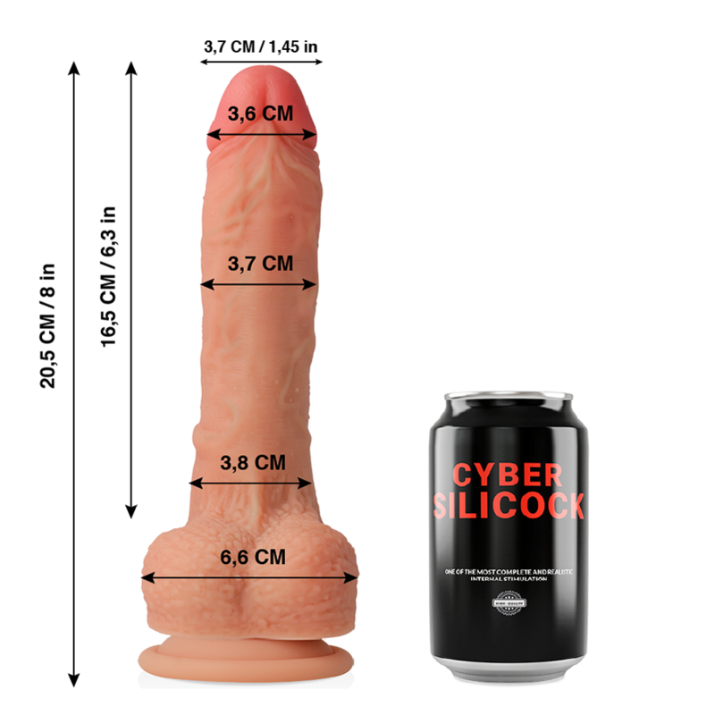 Schema cote du gode realiste Cyber Silicock compare a une canette, longueur 20,5 cm et diametre detaille, silicone chair avec gland et testicules.