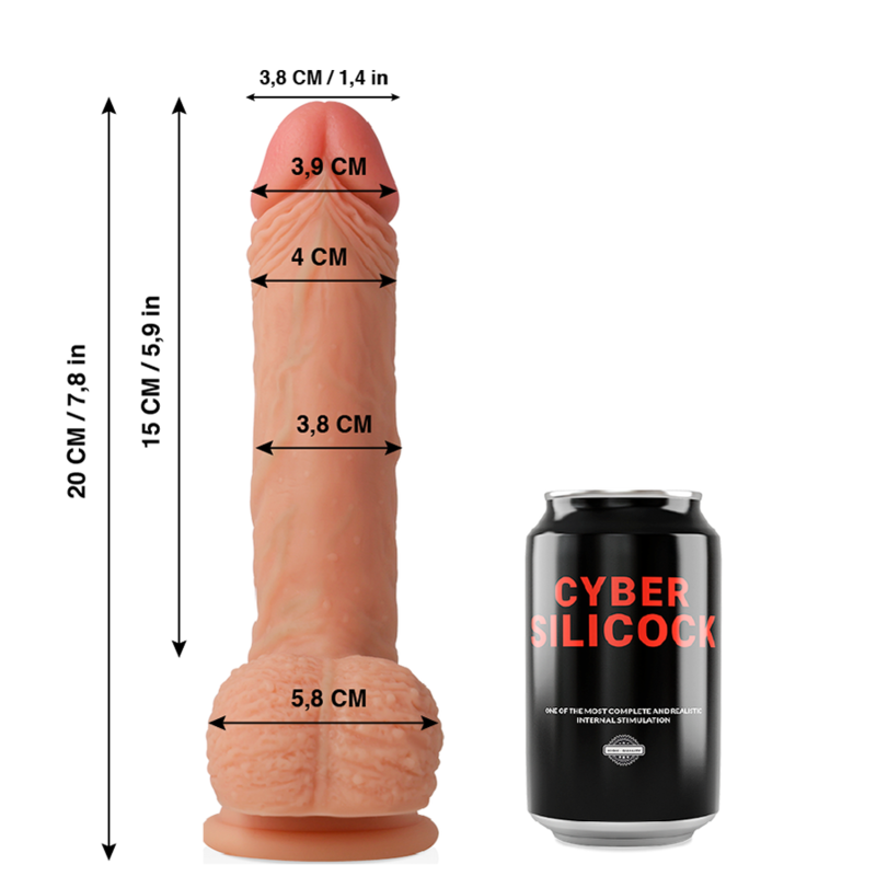 Schema dimensionnel du gode realiste Cyber Silicock Freeman face a une canette, longueur 20 cm et diametres indiques, silicone chair avec gland et testicules.