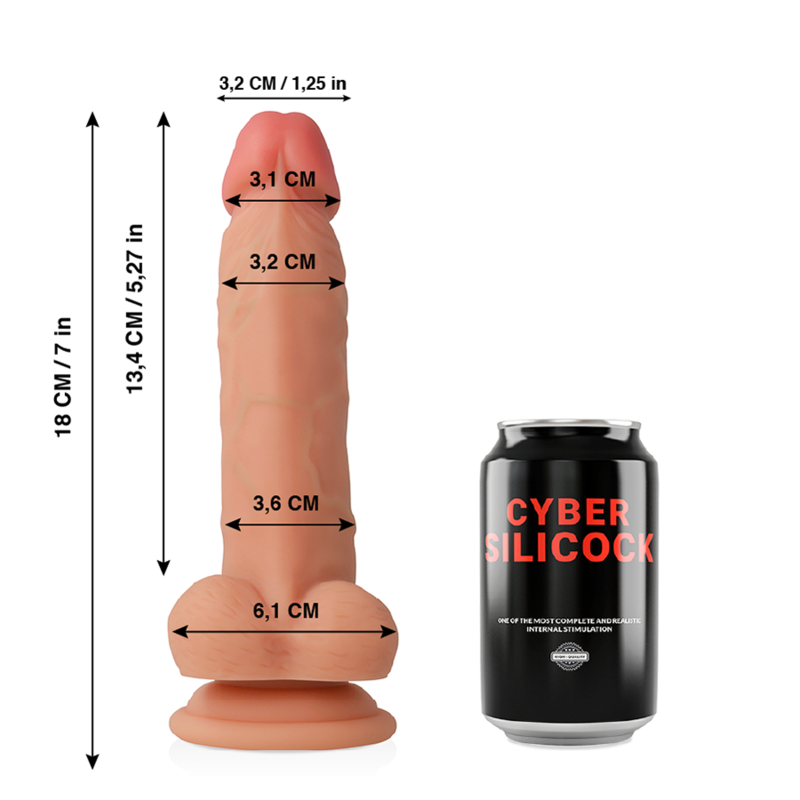 Gode realiste Jude en silicone souple compare a une canette, cotes 3,2 cm de diametre et 13,4 cm inserables, gland et testicules moules sur large ventouse pour usage mains libres.