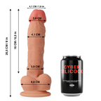 Schema cote du gode realiste Cyber Silicock Magnus compare a une canette, longueur 20,5 cm et diametres precis, silicone chair avec gland et testicules.