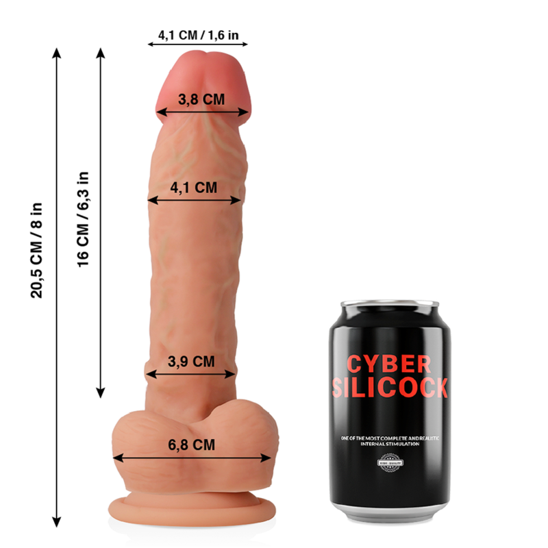 Schema cote du gode realiste Cyber Silicock Magnus compare a une canette, longueur 20,5 cm et diametres precis, silicone chair avec gland et testicules.