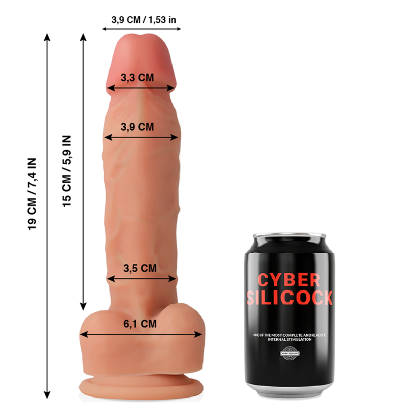 Gode realiste Oliver en silicone souple compare a une canette, cotes 3,9 cm de diametre et 15 cm inserables, gland et testicules moules sur large ventouse mains libres.
