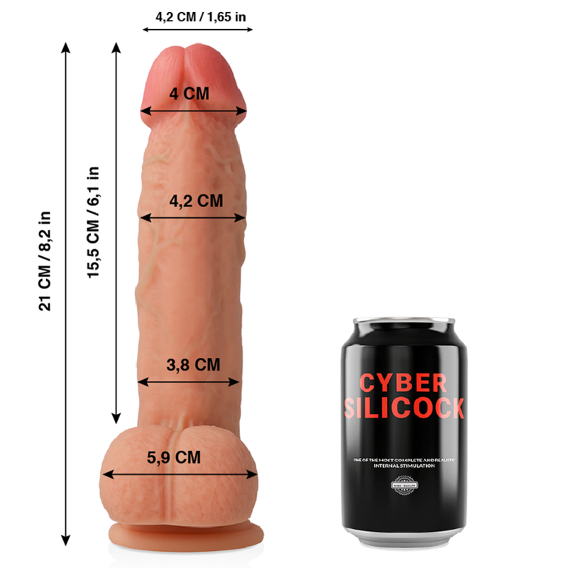 Gode realiste Saul en silicone souple compare a une canette, cotes 4,2 cm de diametre et 15,5 cm inserables, gland et testicules moules sur large ventouse pour usage mains libres.