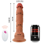 Schema cote du gode realiste telecommande Cyber Silicock pres d'une canette, longueur 23,88 cm, telecommande visible, silicone chair gland et testicules.