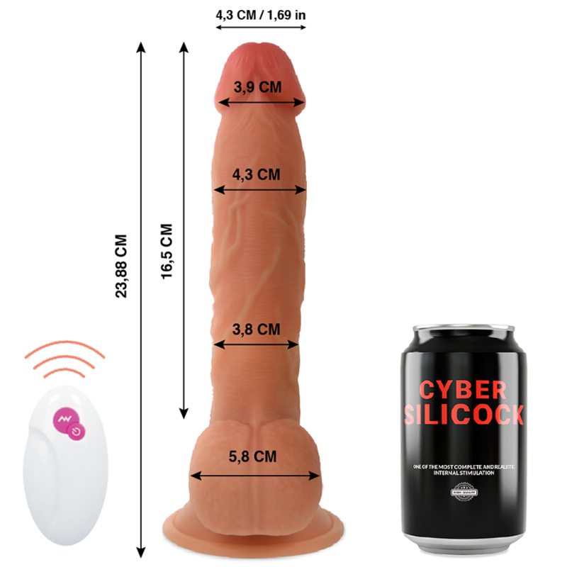 Schema cote du gode realiste telecommande Cyber Silicock face a une canette, longueur 23,88 cm, telecommande, silicone chair avec gland et testicules.