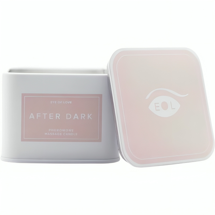 Bougie de massage carree After Dark fermee avec son couvercle rose pose a cote, bougie aux pheromones 150 ml beurre de karite Eye Of Love.