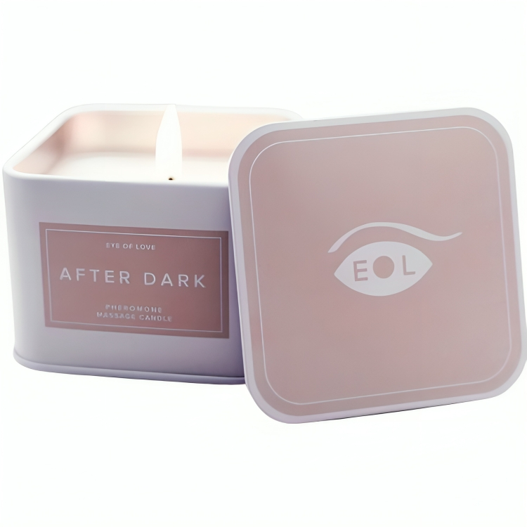 Bougie de massage carree After Dark allumee avec couvercle rose EOL, bougie 3 en 1 aux pheromones 150 ml beurre de karite Eye Of Love.