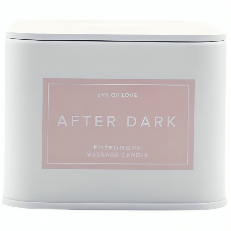 Boite metallique blanche After Dark Pheromone Massage Candle fermee de face, bougie de massage aux pheromones 150 ml sensuelle Eye Of Love.