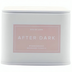 Boite metallique blanche After Dark Pheromone Massage Candle fermee de face, bougie de massage aux pheromones 150 ml sensuelle Eye Of Love.