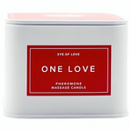 Boite metallique blanche One Love Pheromone Massage Candle fermee de face, bougie de massage aux pheromones 150 ml rose jasmin vanille Eye Of Love.