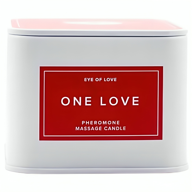 Boite metallique blanche One Love Pheromone Massage Candle fermee de face, bougie de massage aux pheromones 150 ml rose jasmin vanille Eye Of Love.