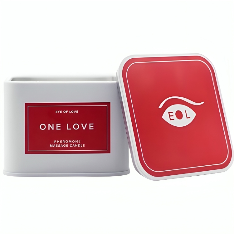 Bougie de massage carree One Love fermee avec son couvercle rouge pose a cote, bougie aux pheromones 150 ml rose jasmin vanille Eye Of Love.