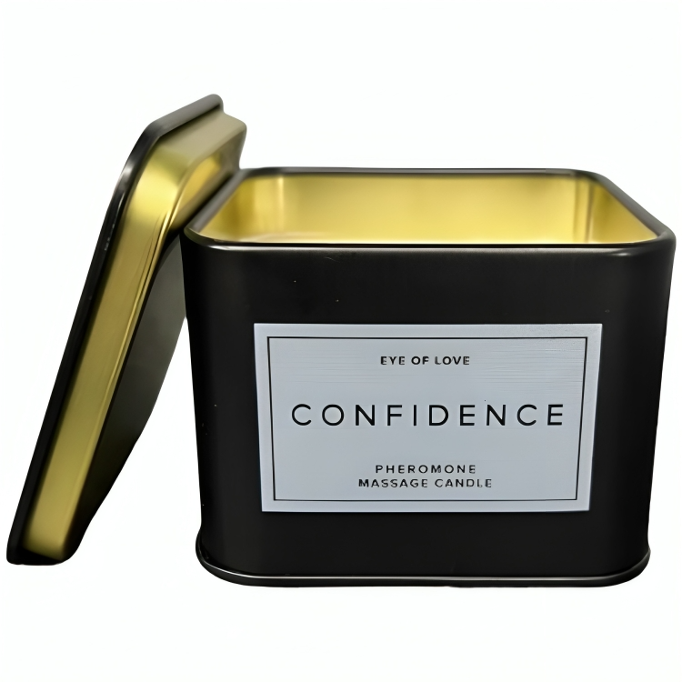 Bougie de massage carree noire Confidence ouverte couvercle dore, bougie 3 en 1 aux pheromones 150 ml beurre de karite Eye Of Love.