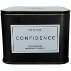 Boite metallique carree noire Confidence Pheromone Massage Candle fermee de face, bougie de massage aux pheromones 150 ml Eye Of Love.