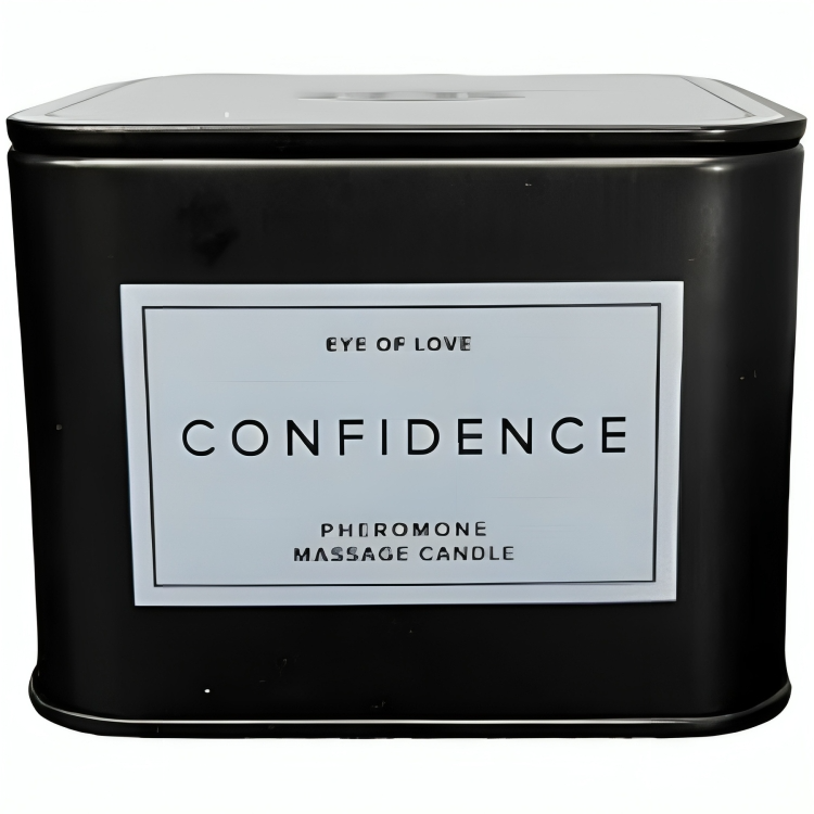 Boite metallique carree noire Confidence Pheromone Massage Candle fermee de face, bougie de massage aux pheromones 150 ml Eye Of Love.