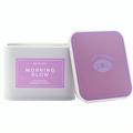 Bougie de massage carree blanche Morning Glow ouverte avec couvercle violet EOL, bougie 3 en 1 aux pheromones 150 ml beurre de karite Eye Of Love.