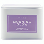 Boite metallique blanche Morning Glow Pheromone Massage Candle fermee de face, bougie de massage aux pheromones 150 ml notes fraiches Eye Of Love.