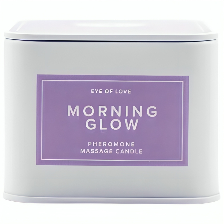 Boite metallique blanche Morning Glow Pheromone Massage Candle fermee de face, bougie de massage aux pheromones 150 ml notes fraiches Eye Of Love.