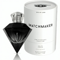 Parfum aux phéromones mixte Matchmaker Black Diamond, flacon diamant noir posé devant son etui blanc, eau de parfum boisee aux notes de cedre et cassis, 30 ml.