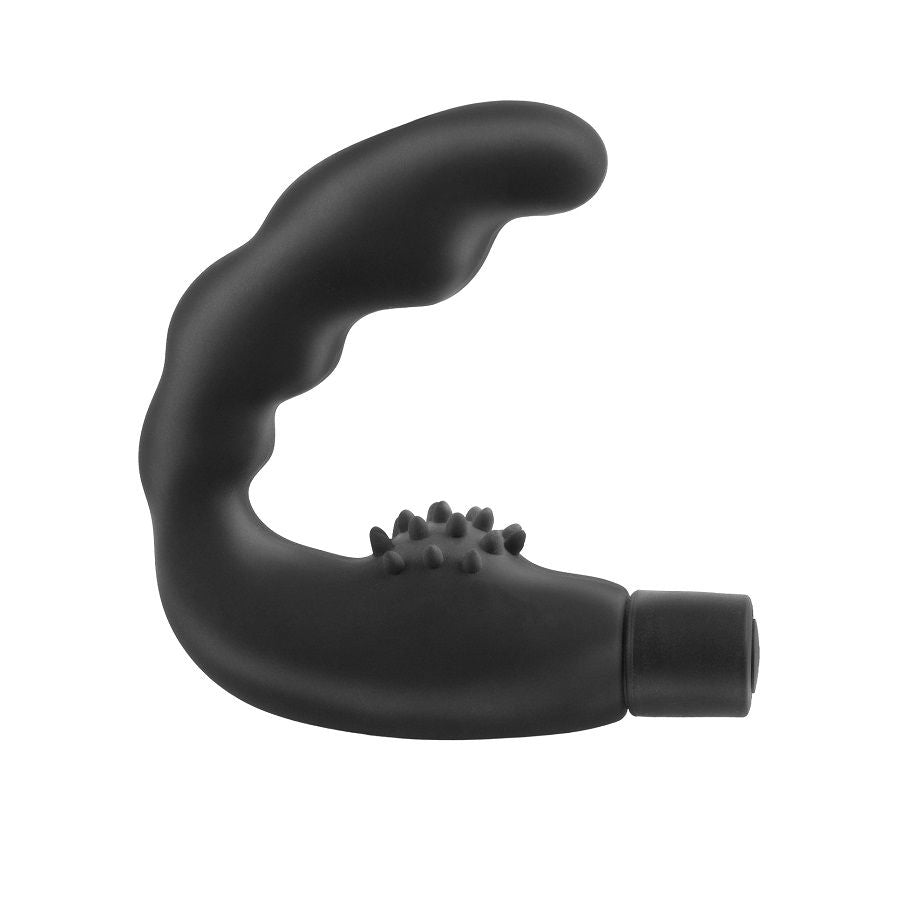 Stimulateur prostatique vibrant en silicone noir, tige incurvee bulbeuse et picots de massage du perinee a la base, presente seul.