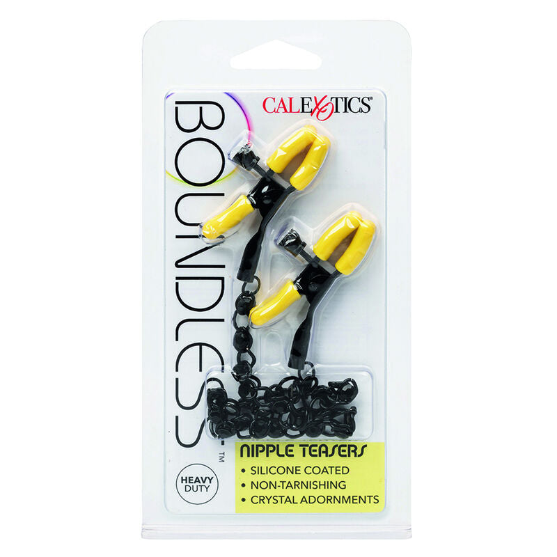 Blister Boundless Nipple Teasers CalExotics, pinces à tétons à chaîne ornée de cristaux, pictogrammes gem accent, non piercing et nickel free.