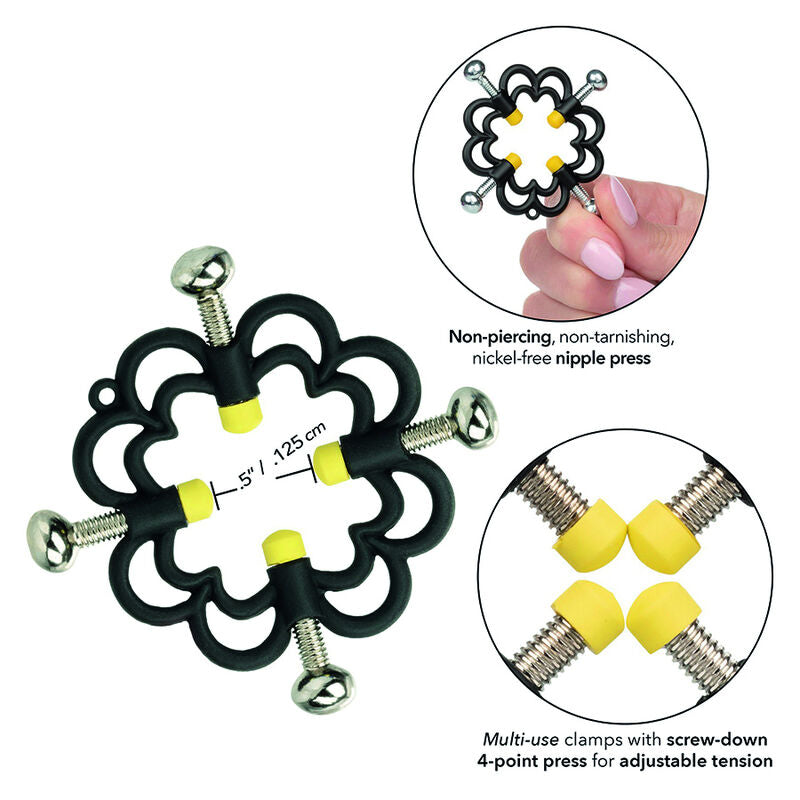 Pince à tétons Boundless florale et vignettes explicatives, pression à quatre points à vis réglable, coussinets jaunes et métal non perçant nickel-free.