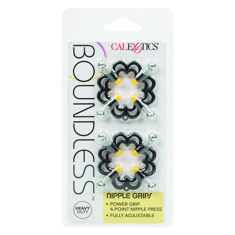 Blister Boundless Nipple Grips CalExotics, deux pinces florales à vis et embouts jaunes, pictogrammes power grip, 4-point nipple press et fully adjustable.