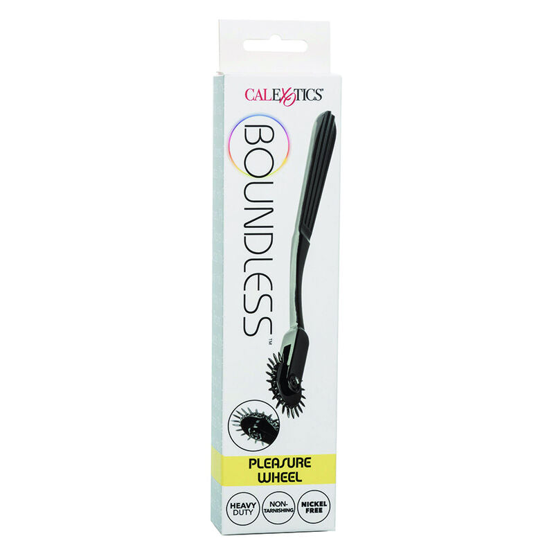 Packaging Boundless Pleasure Wheel CalExotics, roulette sensorielle 22 points en métal noir en vitrine, pictogrammes easy to use, heavy duty et nickel free.